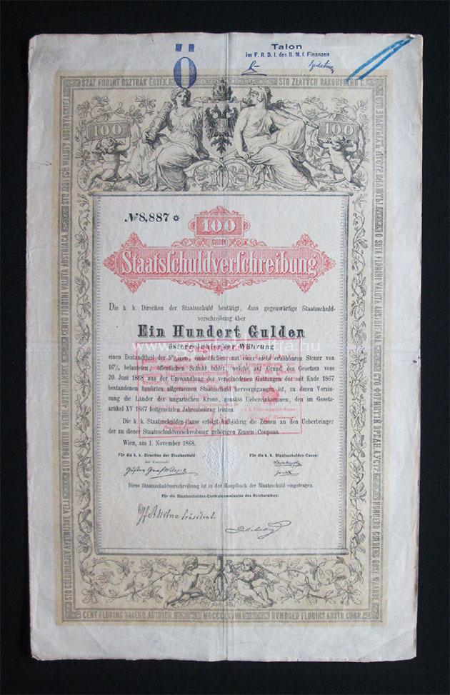 Osztrák államadóssági kötvény 100 gulden 1868 november